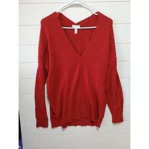 LEITH womens size S long sleeve deep v-neck back V dark red with black sweater